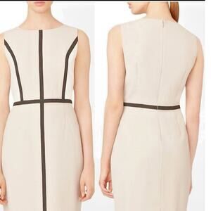 NWT $139 Calvin Klein CD4X1116 Colorblock Black Piping Stretch Sheath Dress Tan